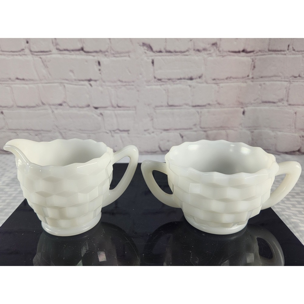 Vintage Milk Glass Sugar Bowl & Creamer with Block / Basket Weave Design